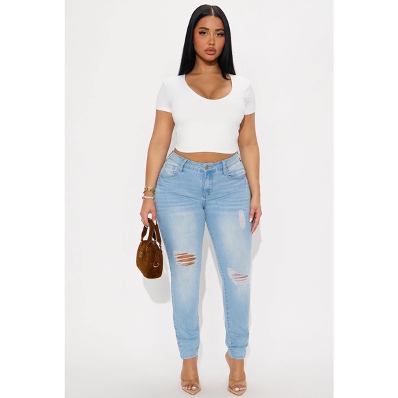 Fashion Nova Denim - Light Wash Ripped Curvy Skinny Jeans High Stretch Distressed Denim Y2K Sexy NWT